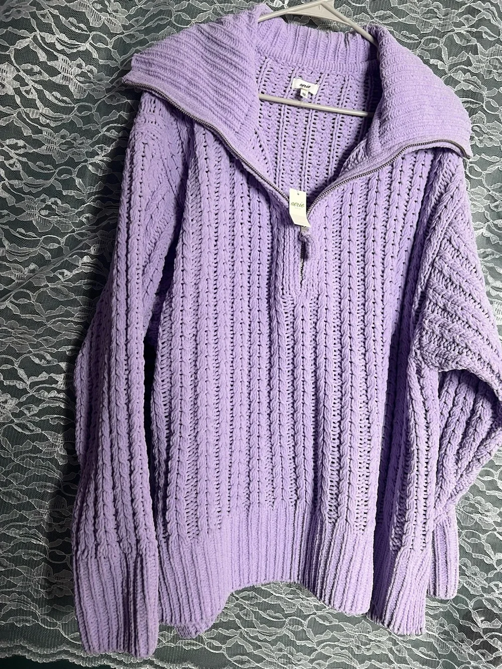 Aerie Lavender Cable Knit Quarter Zip Sweater XL Cozy Oversized Pullover